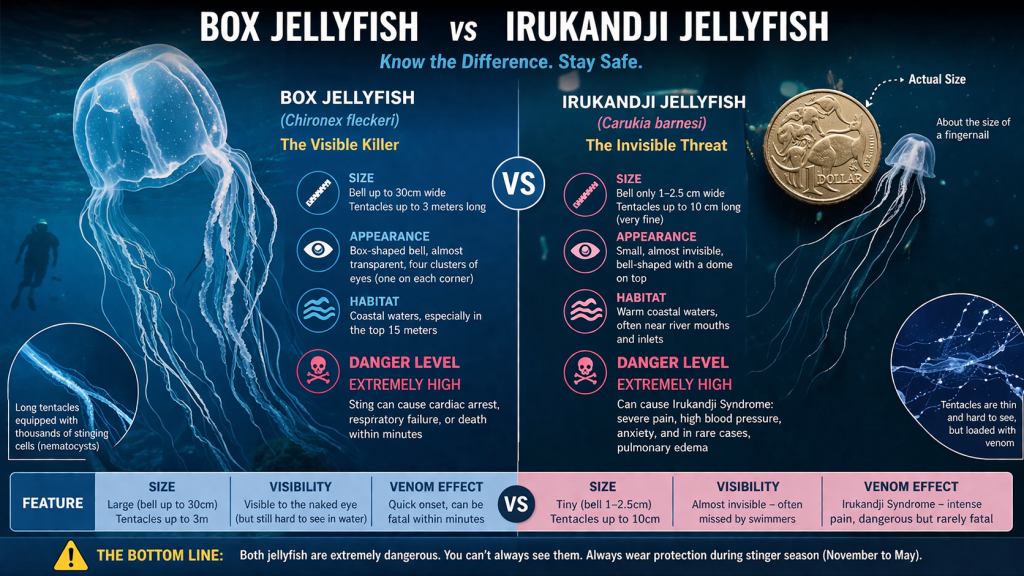 A detailed comparison chart between a large Box Jellyfish and a tiny Irukandji Jellyfish in Australian waters, highlighting differences in size, habitat, sting symptoms, and first aid.