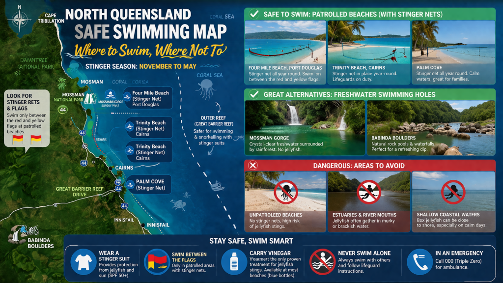 North Queensland safe swimming map for stinger season, highlighting beaches with stinger nets like Four Mile Beach, freshwater alternatives like Mossman Gorge, and dangerous areas to avoid.