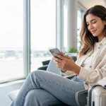 Traveler using an eSIM on a smartphone at an airport before an international flight