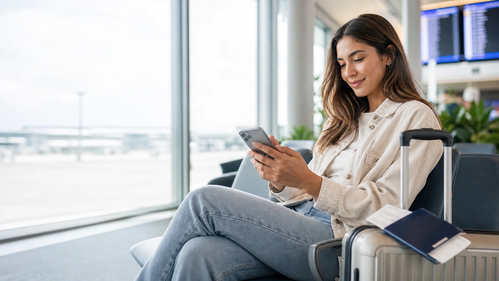Traveler using an eSIM on a smartphone at an airport before an international flight