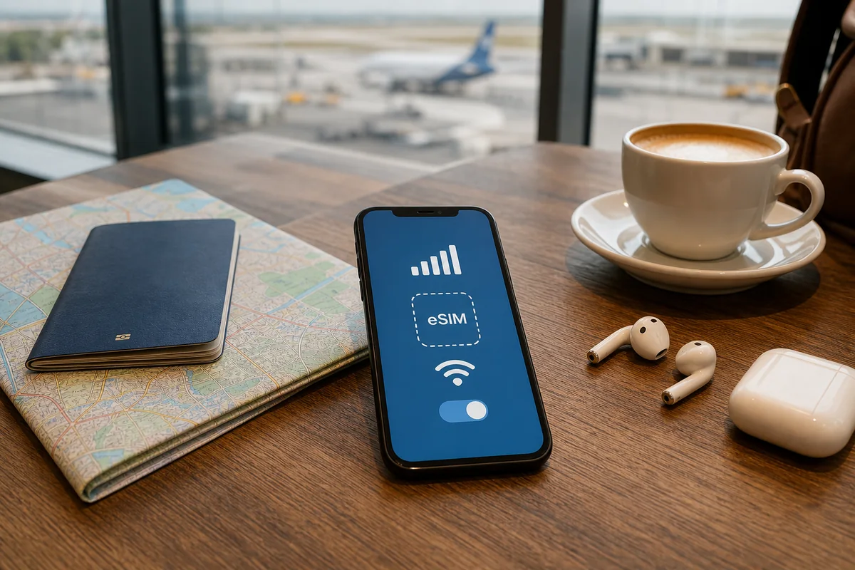 Smartphone with eSIM setup beside passport map and coffee at an airport