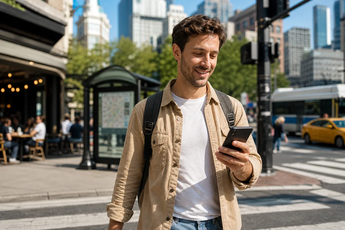 Traveler using mobile internet on a smartphone while exploring a city in the USA