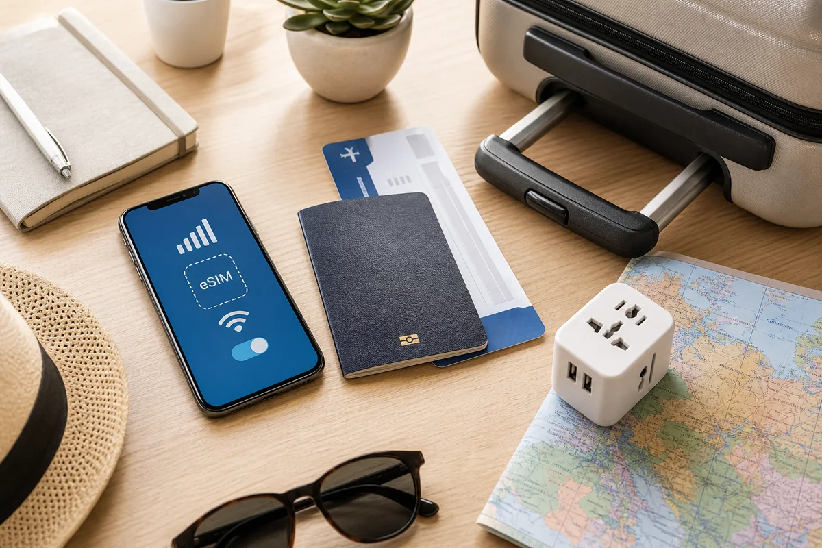 International travel essentials with smartphone passport adapter and world map