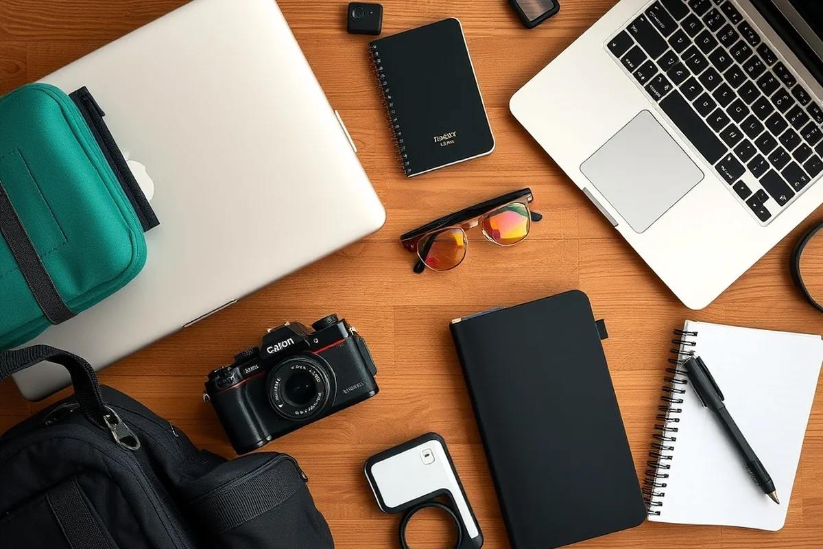 Travel and photography gear organized for packing