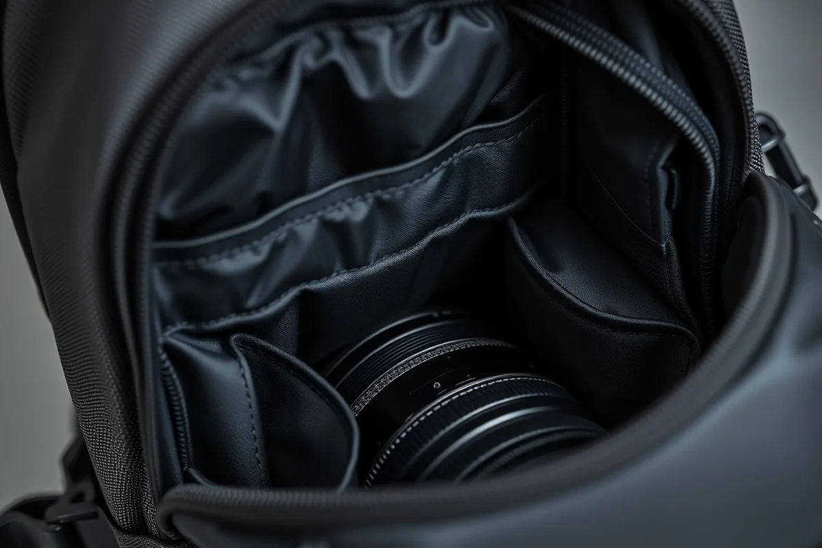 Detailed view of camera backpack compartment and organization