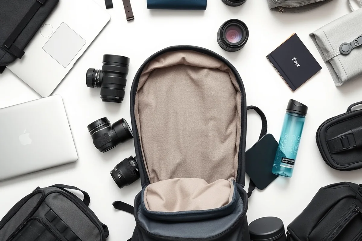 Travel and photography gear laid out for backpack packing