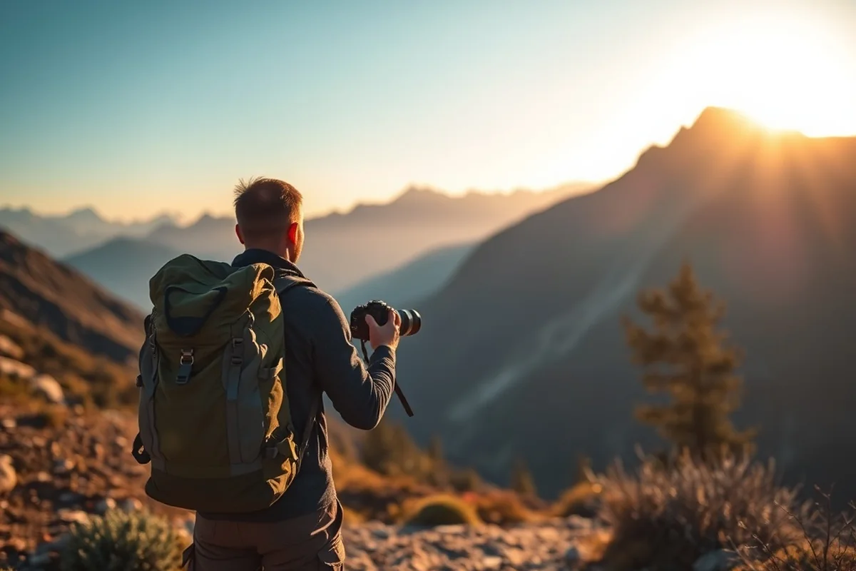 Photographer with travel backpack on mountain trail