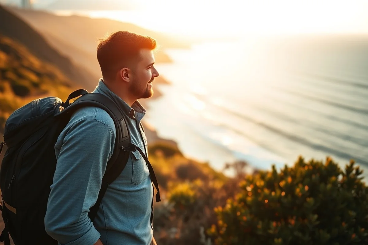 Photographer traveling with backpack on coastal trail